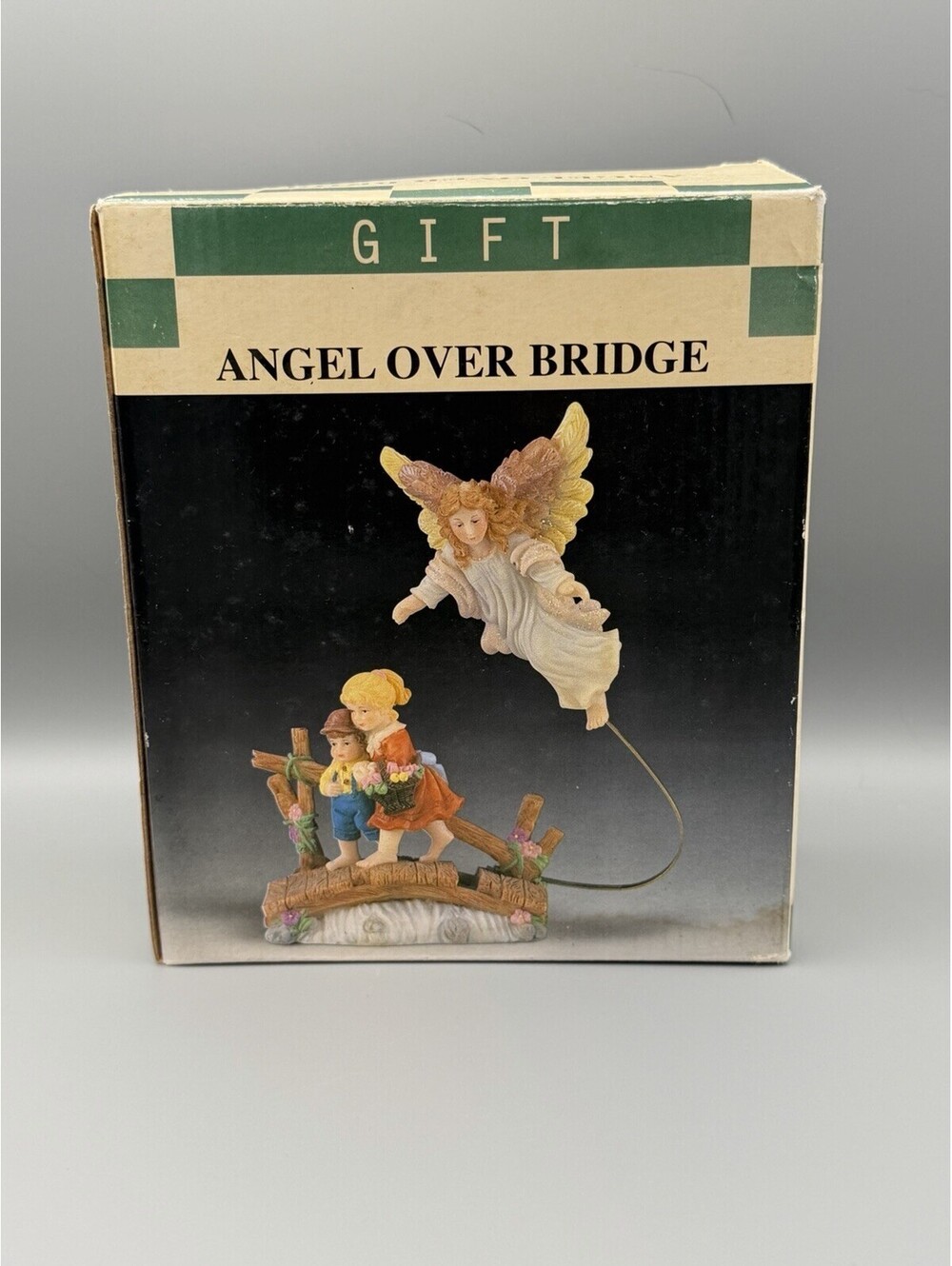 Vintage Guardian Angel Watching Over Children on Bridge Figurine Statue with Box